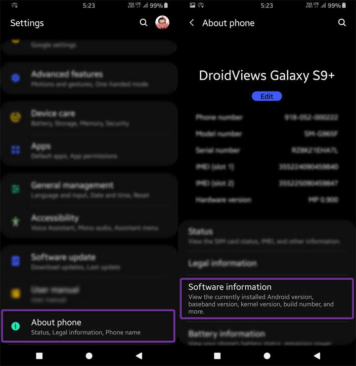 Android settings software information